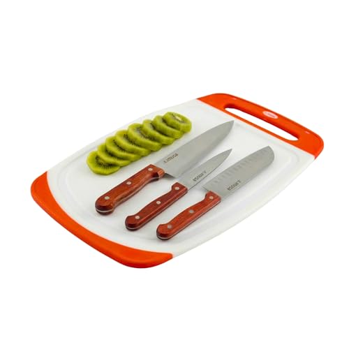 Set de 4 piezas de cuchillos y tabla de cortar IMUSA | Acabado natural en acero inoxidable, mangos ergonómicos de madera, ideal para picar y rebanar, excelente para familias y nuevos propietarios de vivienda miniatura 1