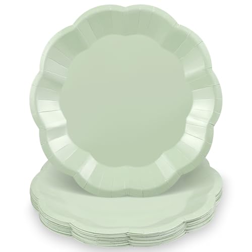 NatNarr 30pcs Sage Green Paper Plates, 9inch Scalloped Sage Green Dessert Dinner Plates Cute Party Plate Disposable Greens Party Supplies for Wedding, Baby Bridal Shower, Birthday