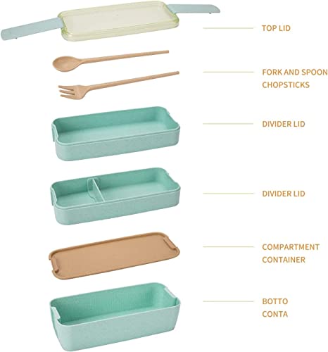 Rarapop Beige Stackable Bento Lunch Box Kit, 3-In-1 Compartment Wheat Straw Lunch Containers with Tableware, Reusable On-the-Go Meal and Snack Containers - Image 3