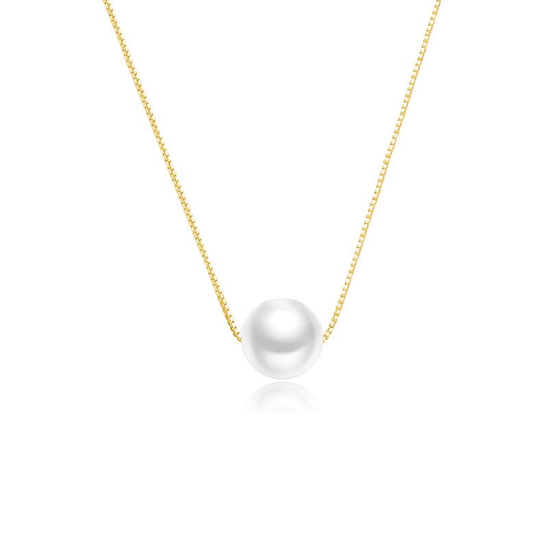 Solid 14K Gold Over 925 Silver Pearl Necklace for Women,Dainty Freshwater Cultured White Pearl Pendant Necklace,Fashion Jewelry Gift for Her