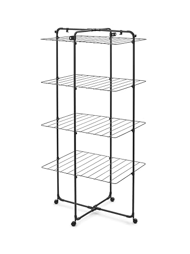 Brabantia HangOn Tower Drying Rack, 98.4 ft (30m)(Matte Black), Tall Foldable Clothes Rack, Space-Saving Laundry Drying Stand with Wheels and Hooks