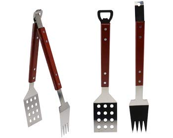Rustic Axentz BBQ Grilling Multi Tool Combo, Turner Fork Tong Set, Stainless Steel, Wood Handle, 15"
