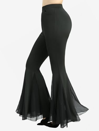 DRESSFO Women's Mesh Patchwork Flare Pants – Sheer Ruffle Hem Gothic Style Stretch Trousers with Pockets3