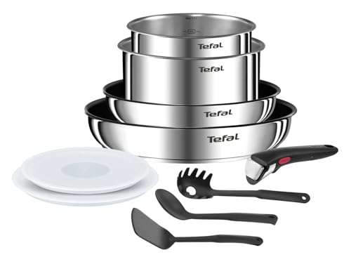 Tefal Ingenio Batterie de cuisine 10 pcs, Poêles, Casseroles, Couvercles hermétiques, Poignée amovible, Induction, Acier inoxydable, Empilable, Antiadhésif, Compatible lave-vaisselle, Emotion L8971S04
