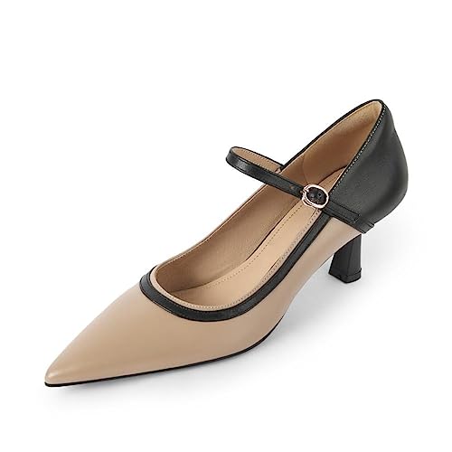 TinaCus Women's Patchwork Leather Handmade Pointed Toe One Strap Mid Stiletto Heel Pumps Shoes