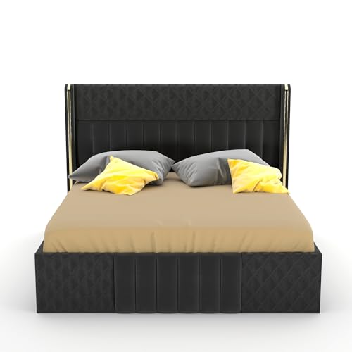Image of Wooden Modern Upholstered King Size Bed for Bedroom | Wooden Double Bed with Box Storage | Platform Cot Upholstered Bed with Upholstery Fabric | Engineered Wood(6.5 x 6 Ft, Dark Grey)