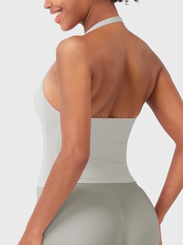 Image of YEOREO SoftHue Women's Impact Halter Tank Top Longline Backless Scoop Neck Built-in Bra Sports Workout Gym Crop Top