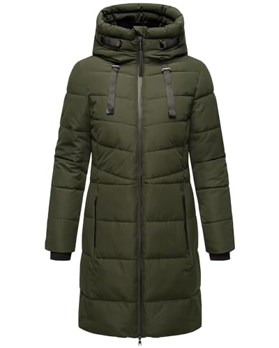 MARIKOO Damen Wintermantel warmer Steppmantel lang mit verstellbarer Kapuze und hohem Kragen Natsukoo XVI Dark Olive Gr. XS
