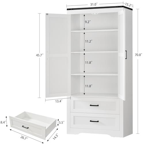 Quimoo-71-Pantry-Cabinet-Farmhouse-Kitchen-Storage-Cabinet-with-2-Barn-Doors-Adjustable-Shelves-Kitchen-Pantry-Kitchen-Cabinet-for-Dining-Room-Home-Office-Bathroom-White Quimoo 71 Pantry Cabinet Farmhouse Kitchen Storage Cabinet with 2 Barn Doors Adjustable Shelves Kitchen Pantry Kitchen Cabinet for Dining Room Home Office Bathroom White