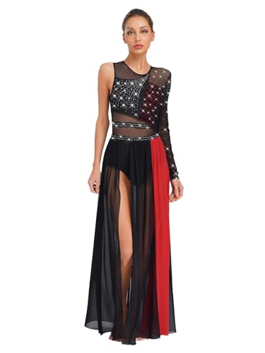 Raenseen Donna Vestito Da Balletto Ballo Lirico Contemporaneo Monospalla Maxi Abito Da Ballo Latino Americano Tango Body Ginnastica Artistica Vestito Pattinaggio Noir et Rouge XL
