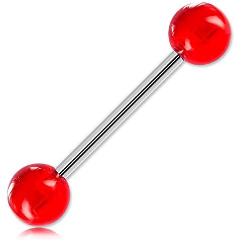INOKI - Tongue Barbell Balls Acrylic Solid - Wire Thickness 1.6 mm, Inner Length 14 mm, Ball 5 mm - Red Cover
