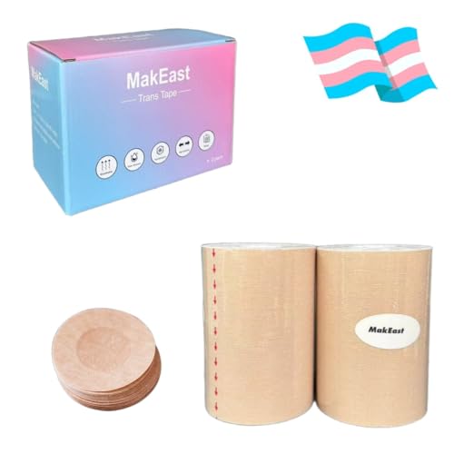 2 Rolls Trans Tape for Transitioning Extra Wide Chest Binding Tape Latex Free FTM Chest Binder with Nipple Covers Ultra Sticky Waterproof & Flexible 4 in X 16.5 ft (Beige)