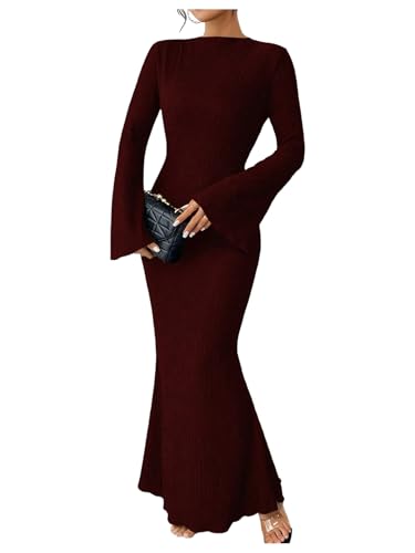 GORGLITTER Women's Bell Long Sleeve Cocktail Maxi Dress Crew Neck Bodycon Fishtail Casual Long Dresses