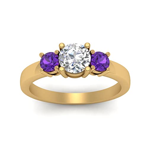 Image of 55Carat Choose Your Gemstone 3 Stone Round Diamond CZ Engagement Ring Yellow Gold Plated Round Shape 3 Stone Engagement Rings Minimal Modern Design Birthday Gift Wedding Gift US Size 4 to 12