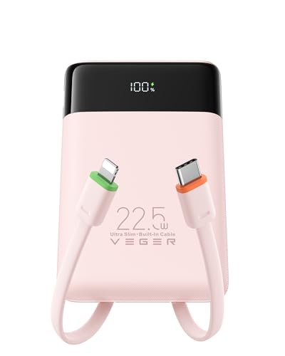 VEGER 10000mAh Power Bank con Cavi Integrati, 22.5W Ricarica Rapida Caricatore Portatile, Sottile Compatto USB C Powerbank LED Display con 4 Uscite e 3 Ingressi Compatibile con iPhone Huawei Xiaomi