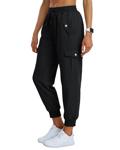 MoFiz Women's Outdoor Cargo Pants Lightweight Joggers Elastic Waist Athletic Hiking Sweatpants Casual Travel Pant with Pocket Black L