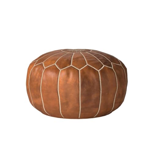 Poufs&Pillows Premium Moroccan Leather Pouf - Handmade - Delivered Stuffed - Ottoman, Footstool, Floor Cushion (Cognac Brown)