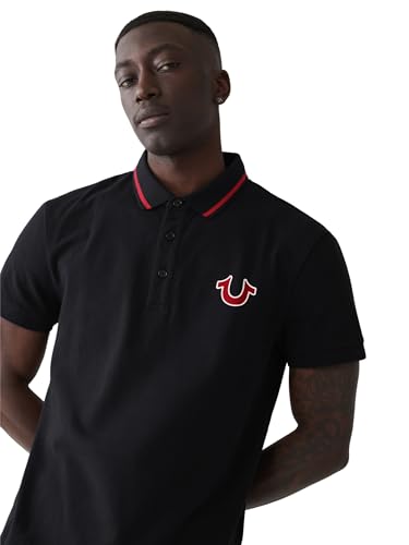 True Religion Men's JV7 Tipped Polo – Short Sleeve Cut & Sew Knit Polo Shirt with Contrast Trim & Logo