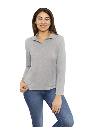 Polo Manga Larga Mujer Algodón con Botón - Shirt Camiseta Camisa Estilo Polos Regular Casual Color Liso Long-Sleeve Cuello Redondo Basico Esencial Original Piqué (Gris Claro, M, m)