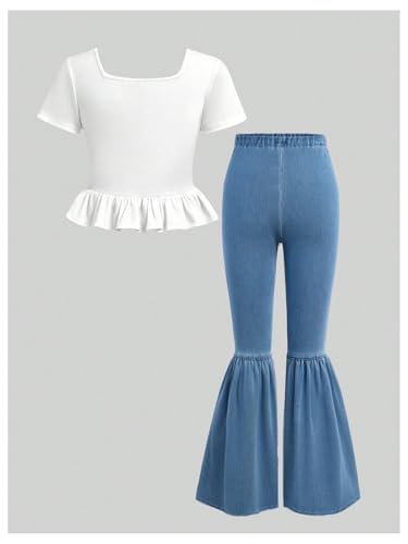 Image of WDIRARA Girl's 2 Piece Outfits Button Front Square Neck Short Sleeve Tee and Ruffle Hem Denim Pants Set