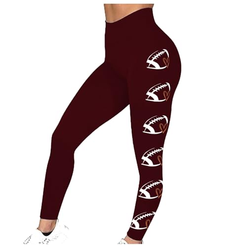 Lastesso Womens Fall Fashion 2023 High Waist Legging for Women Football Print Shiny Gym Yoga Pants Hidden Scrunch Butt Lift Pants Labor Day Weekend Clearance Items Wine XL
