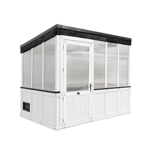 Image of Backyard Discovery Willow 9' x 6' White Cedar Wood and Polycarbonate Walk-in Greenhouse Kit with Exhaust Fan, Windows, Hose Hook-Ups, PowerPort, Staging Shelves for Year-Round Outdoor Gardening