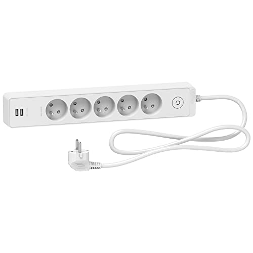 Schneider Electric - Odace - Rallonge multiprises 5 prises 2P+T - blanche - 2USB - 1,5m - ST935U1W