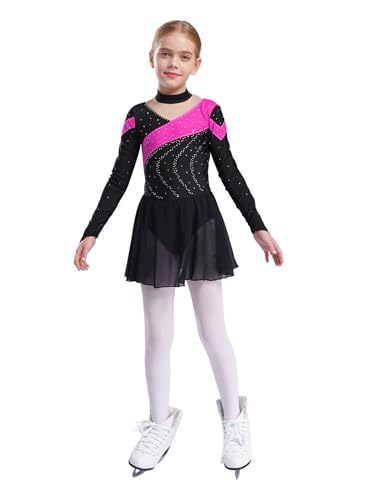 Jhaoyu Vestido de patinaje artístico para niños y niñas, de manga larga, de gasa, con falda tutú, maillot de gimnasia, ropa de danza moderna, Rosa intenso., 134-140