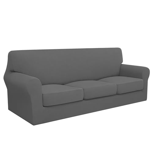 Image of Easy-Going Waterproof Oversized Couch Cover for Dogs 3 Cushion Sofa | 4 Pieces Stretch Sofa Slipcover for 3 Separate Cushion Couch Leakproof Furniture Protector for Kids, Pets Gray