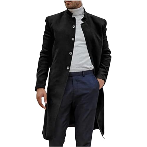 Zeiyignr Men's Trench Coat Mandarin Collar Long Formal Jacket Solid Slim Fit Single Breasted Pea Coats Wool Blend Overcoat