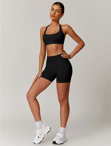Image of ABOCIW Workout Sets for Women 2 Piece seamless Halter Sports Bra Scrunch Butt Impact Shorts Gym Yoga Outfits
