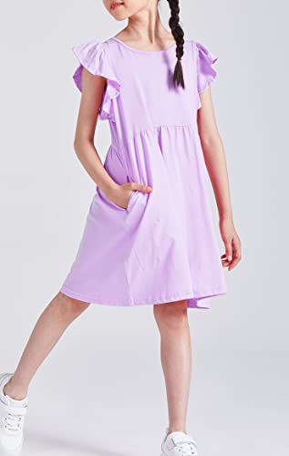Danichins Girl Casual Flutter Sleeve Solid Cotton Dress With Pockets (Lt. Purple, 12) #TOP3