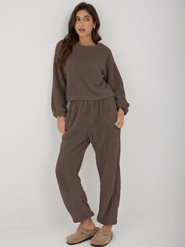 ZAFUL Women's Fuzzy Lounge Casual Pajamas Sets Long Sleeve Fleece Pullover and Pants Set 2 Piece Fluffy Loungewear Sleepwear2