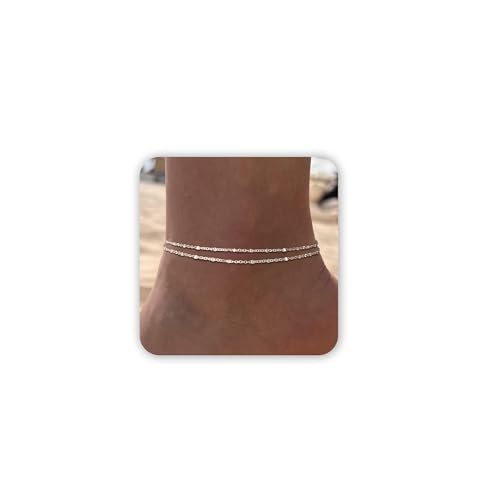 Image of Freekiss Sterling Silver Ankle Bracelets for Women: Dainty Layered Waterproof Anklet for Women Adjustable Womens Anklet Set Stackable Figaro Beaded Cuban Link Anklets Beach Jewelry for Women