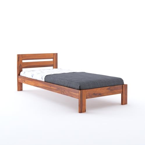 Image of BM WOOD FURNITURE Wooden Single Size Bed Without Storage | Single Cot with Upholstered Cushion Headboard for Hotel & Guest Room | Solid Wood Sheesham, Honey Finish
