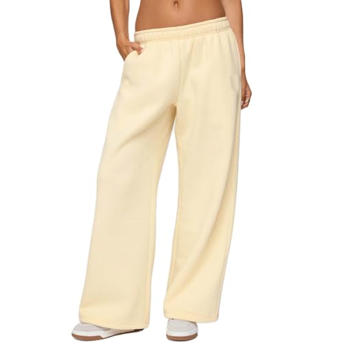 XBTCLXEBCO Wide Leg Sweatpants for Women Elastic Waist Baggy Lounge Track Pants Y2K Athletic Workout Joggers with Pockets (Light Yellow S)