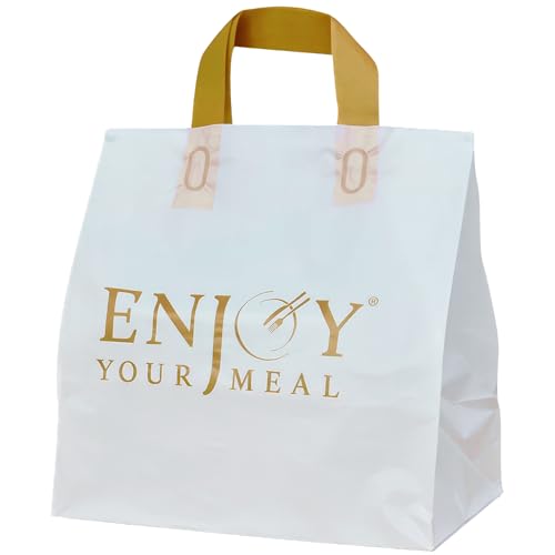 NEW LEADER Bolsas de plástico con asas y parte inferior de cartón, bolsas de transporte medianas para chalecos, bolsa de entrega de alimentos para restaurantes y comida para llevar, bolsa de