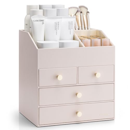 Vlando Make up Organizer mit 4 Schubladen, Schminktisch Organizer, Kosmetik Organizer, Schmink Organizer für Badezimmer, Dresser Skincare, Rosa 4 Sch