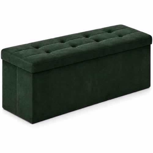 Image of ALASDO 43 Inch Folding Storage Ottoman Bench with Hidden Storage, Velvet Storage Ottoman Foot Rest Stool, End of Bed Bench for Bedroom, Living Room, Entryway and Closet, Dark Green