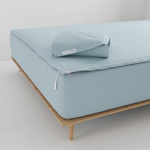 Image of QuickZip Fitted Plus Spare Bundle: 1 Fitted Sheet (Base + Zip Sheet) & 1 Zip Sheet - Easy to Change, Won't Pop Off - Soft Sateen 400 TC 100% Cotton - 15 inch Deep Pockets Twin Size Sheets - Dusty Blue