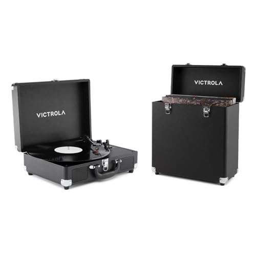 Image of Victrola Journey II Bluetooth 3-Speed Suitcase Record Player & Collector II Vinyl Record Storage Case, Holds 30+ Albums (Bundle, Black)
