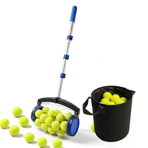 zozen Tennis Ball Picker with Storage Bag No Bending Quick Pickup Roller Adjustable Telescopic Handle Holds Up to 28 Tennis Balls Portable Collector for Tennis/Pickleball/Baseball/Lacrosse Ball