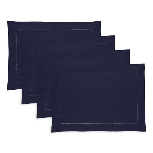 Solino Home Linen Placemats Set of 4 - Medium Weight Hemstitch Navy Blue Placemats 14 x 19 Inch - 100% Pure Linen Table Place Mats for Winter