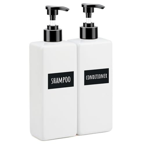 Image of Segbeauty 16.9oz Bathroom Soap Dispenser, 2pcs White Refillable Shampoo and Conditioner Bottles, 500ml Empty Plastic Square Press Pump Bottle Hand Soap Dispenser for Modern Bathroom Kitchen Decor