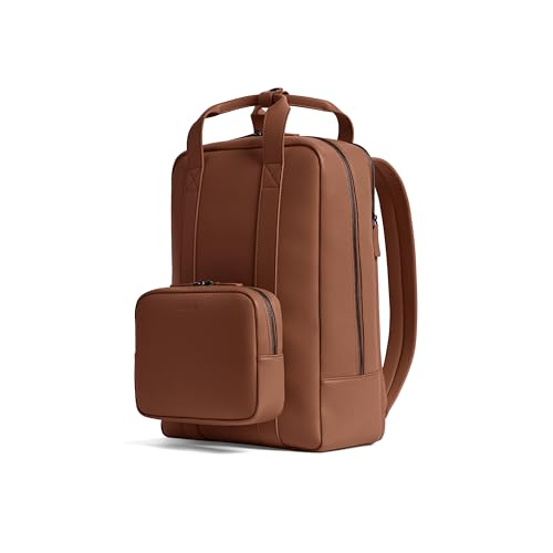 Image of Monos Metro Backpack Vegan Leather - Water-Resistant Microfiber Travel Backpack with Laptop Compartment | Modular QuickSnap Front Kit, Hidden Anti-Theft Pocket | 18L Carry-On Bag | Mahogany