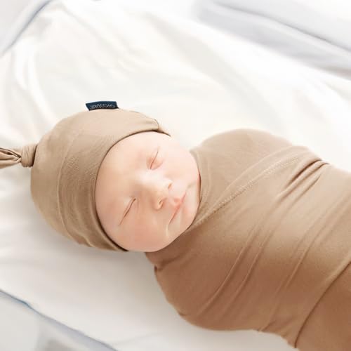 Image of GRSSDER Newborn Swaddle Blanket, Ultra Soft Jersey Receiving Blanket with Matching Headband and Beanie Set 33x44 inch, Stretchy Baby Neutral Swaddle Wrap for Girls and Boys