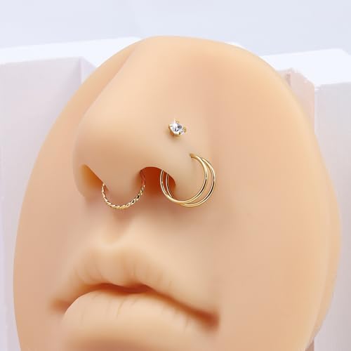 16PCS Nose Ring Studs 20G Nose Ring Hoop, L Shaped 14K Gold Plated 316L Surgical Steel Hypoallergenic Studs Set Clicker Hinged Ball CZ Piercing Jewelry for Women Men4