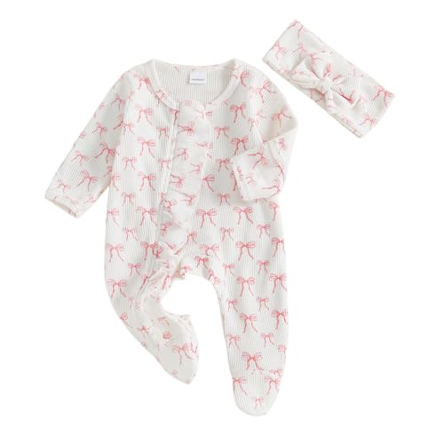 Image of Ayalinggo Newborn Baby Romper Infant Girl One-piece Outfit Waffle Ruffle Zip Footie Spring Summer Clothes With Bow Headband