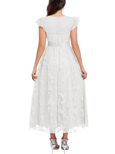 Women's Casual Tulle Midi Dress Ruffle Sleeve Crewneck Lace Flowy Dresses Party Wedding Guest Sundress4
