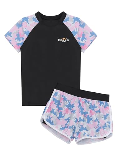 Girls Swimsuit Two Piece Rash Guard Set Camouflage Print Swim Trunks with Tops Swimwear Bathing Suit
